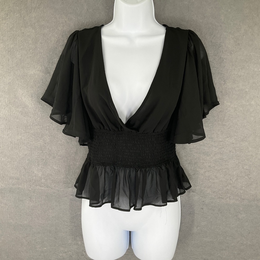Forever 21 Black Flutter Sleeve Smocked Waist Babydoll Blouse Women's Sz M